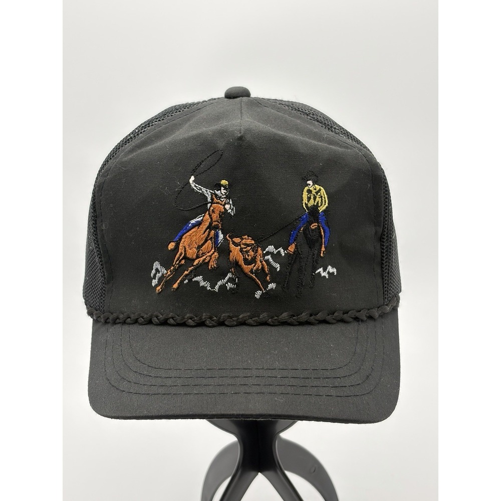 Vintage Cowboy Lasso SnapBack Trucker Hat Black OSFM YoungAn Korea Made